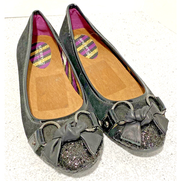 Sperry Top Siders Driving Loafers Slip On Shoes Black Bows US 6M Glittery Toes - Picture 1 of 9